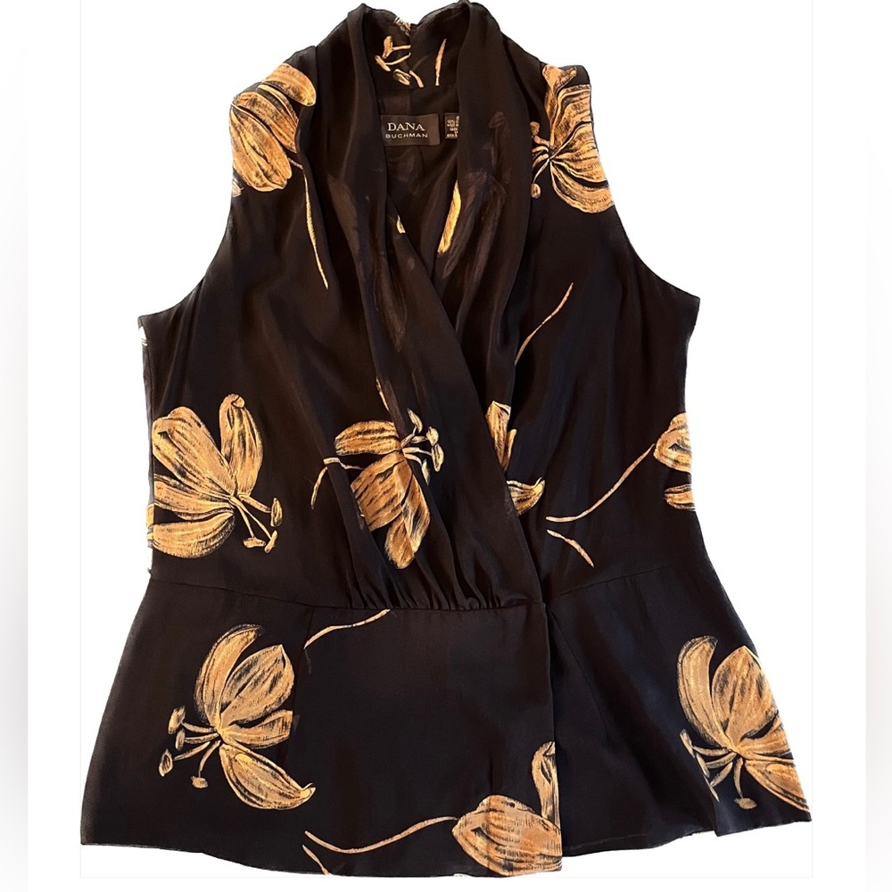 Dana Buchanan blouse. Black with gold print. Size 10